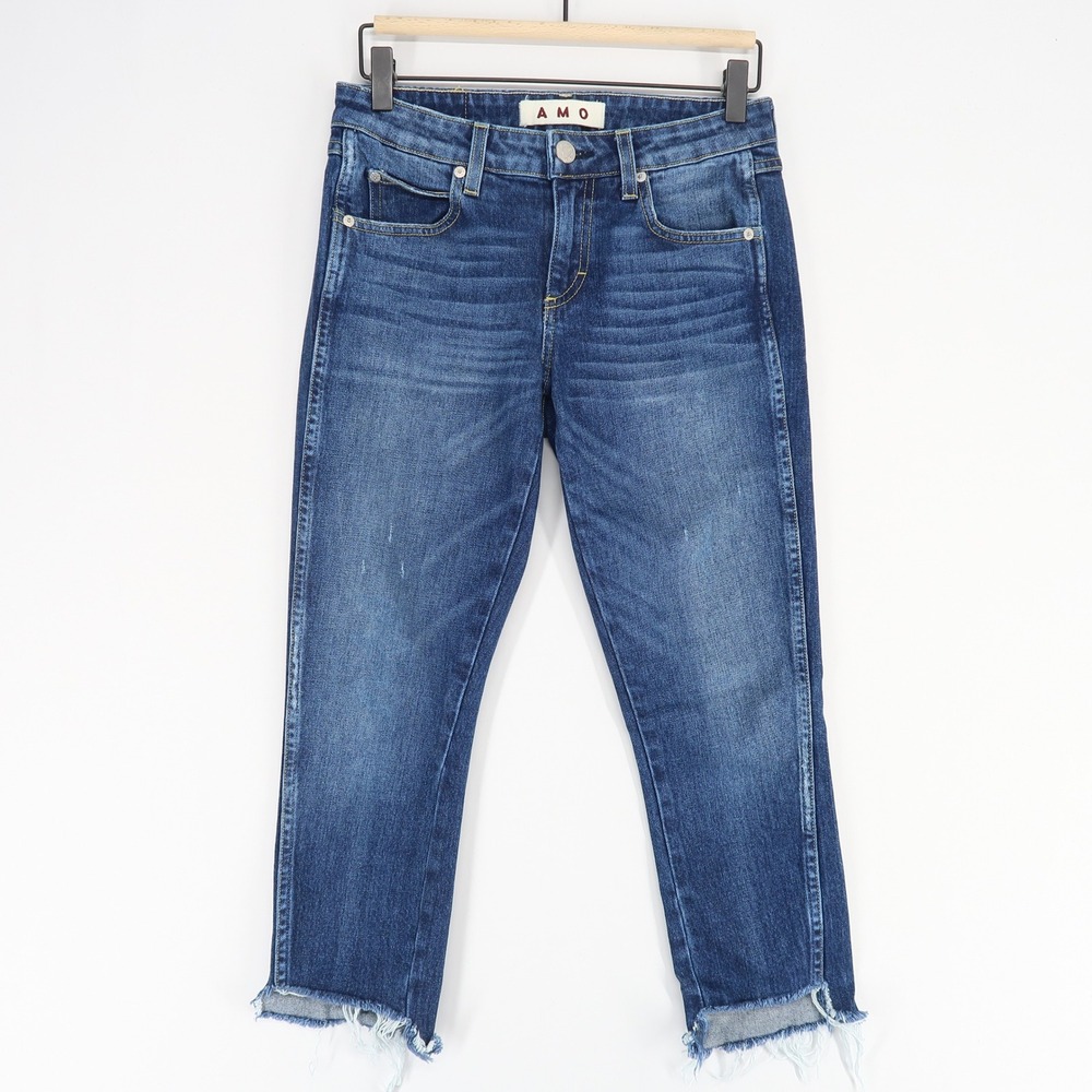 AMO Twist Zip Jeans Womens 25 Blue Sapphire Wash Crop Step Frayed Hem